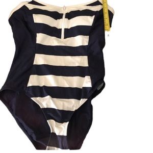 Nautica size 12 navy & white stripe one piece front zip , high cut leg